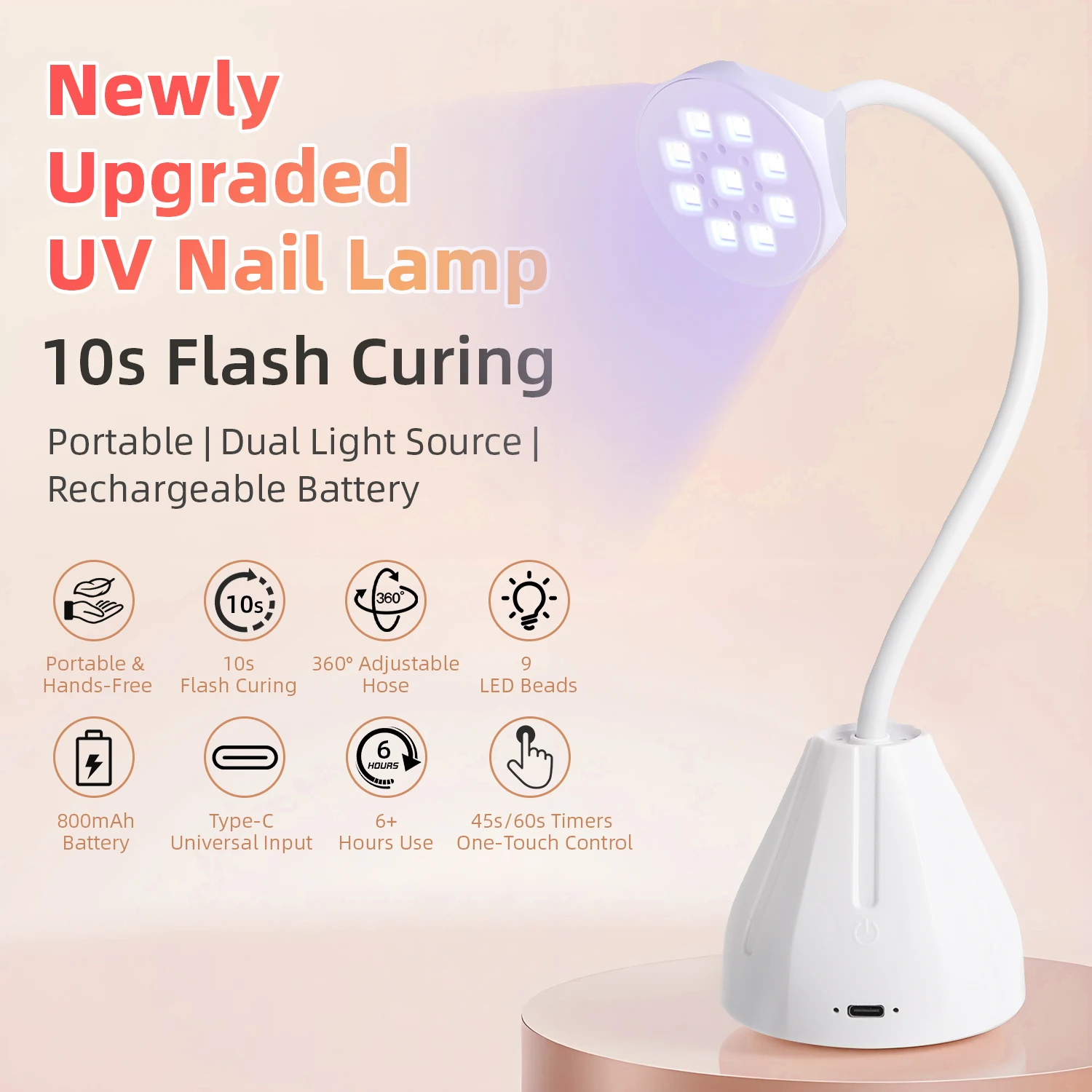 โคมไฟเล็บยูวีแอลอีดีแบบมืออาชีพ, โคมไฟอบเล็บแบบชาร์จไฟได้, โคมไฟเล็บปรับมุมได้, เหมาะสำหรับอุปกรณ์ร้านทำเล็บ