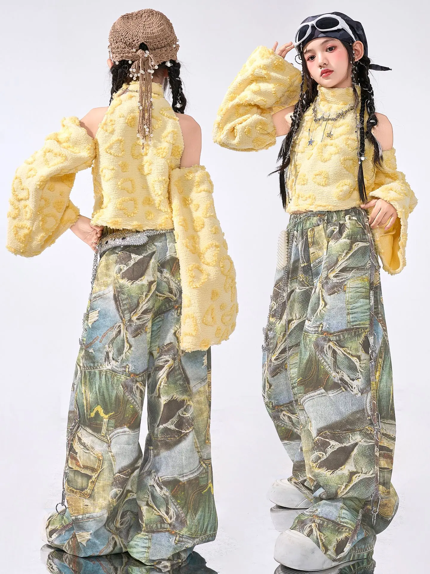 

Kid Kpop Hip Hop Clothing Yellow Fleece Mock Neck Crop Tank Denim Green Ripped Baggy Jeans Pants for Girl Dance Costumes Clothes