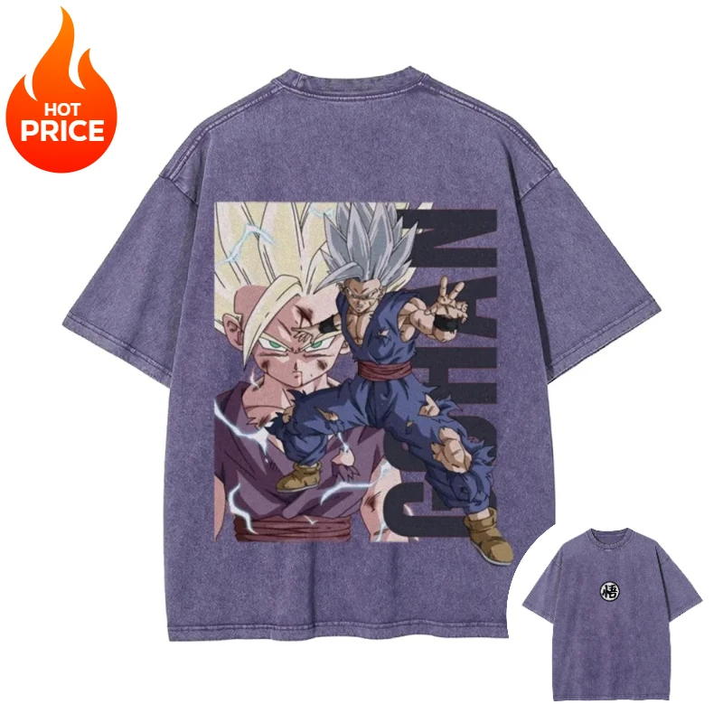 드래곤 볼 손오반 2026 남성 여름 워시드 티셔츠 하라주쿠 빈티지 스트리트웨어 오버사이즈 여성 캐주얼 반팔 티셔츠