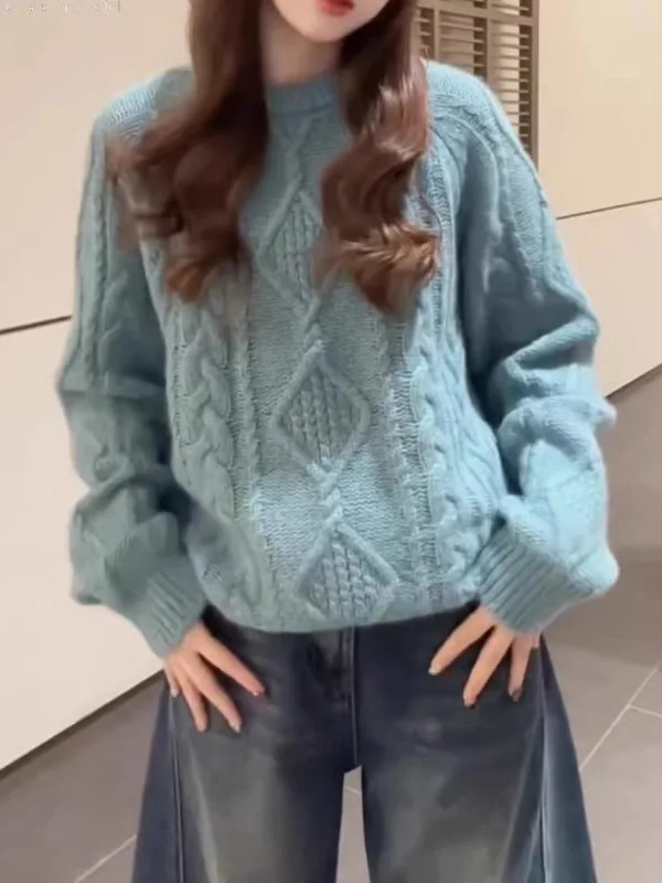 

Женский вязаный свитер в стиле ретро с круглым вырезом, свободного кроя, с длинными рукавами, зимний, больших размеров, комфортный топ для полных женщин