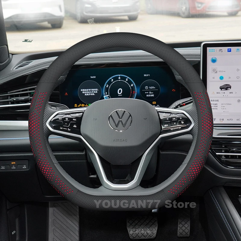 

Leather Car Steering Wheel Cover For Volkswagen Passat Taos 2025 2013-2024 Auto Steering Wheel Volkswagen Tiguan Accessories