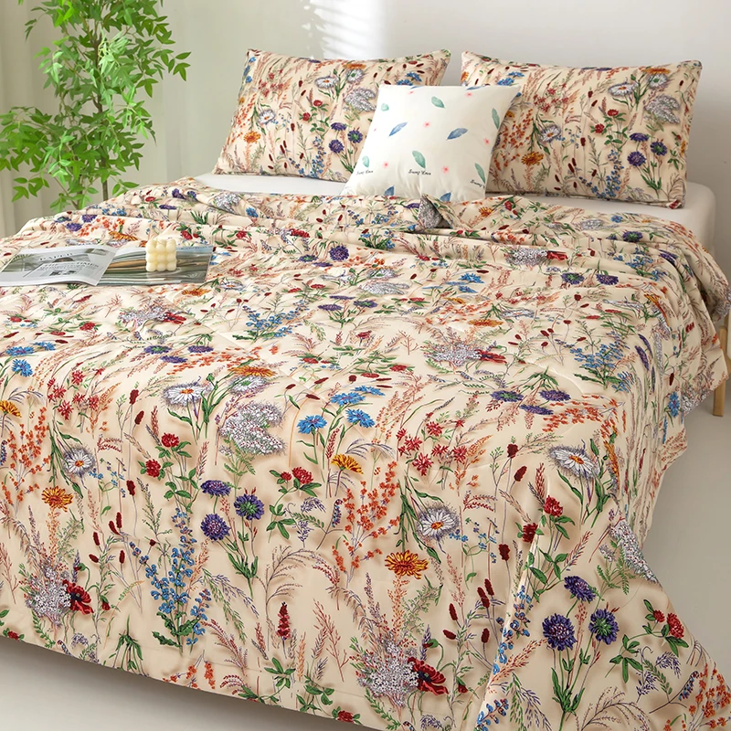 Flower Printed Quilt for Summer Single/Queen Size Comforter Quilted Bedspread for Home Smooth Summer Duvet Floral Style Blanket