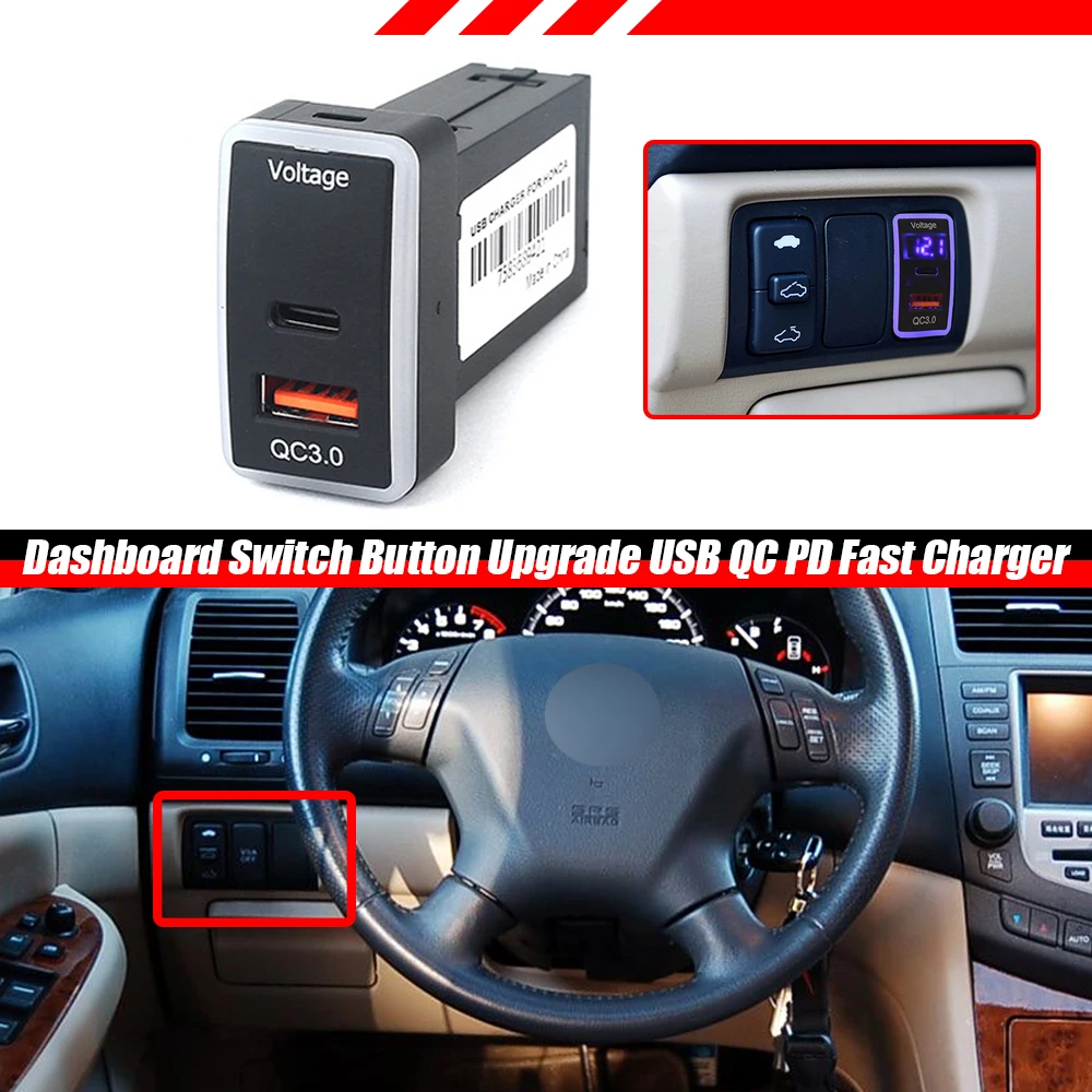 

Car USB QC PD Fast Charger With Voltmeter Voltage Monitor For Honda Accord 2003-2007, Acura TL 2004-2006, Acura TSX 2004-2008