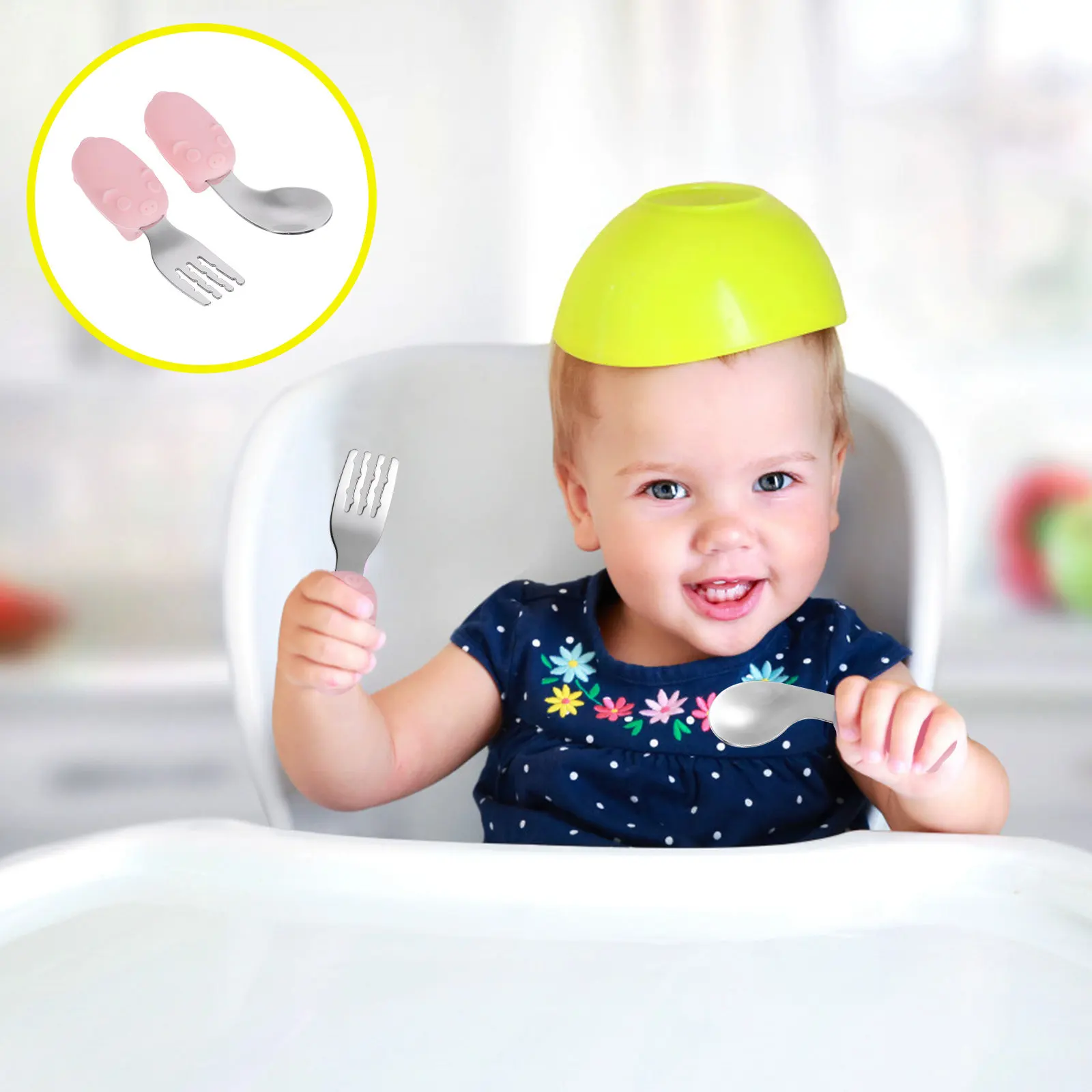 

1Set Infant Feeding Spoon and Fork Set Premium Stainless Steel Silicone Baby Tableware Smooth Edge Non Slip Short Handle