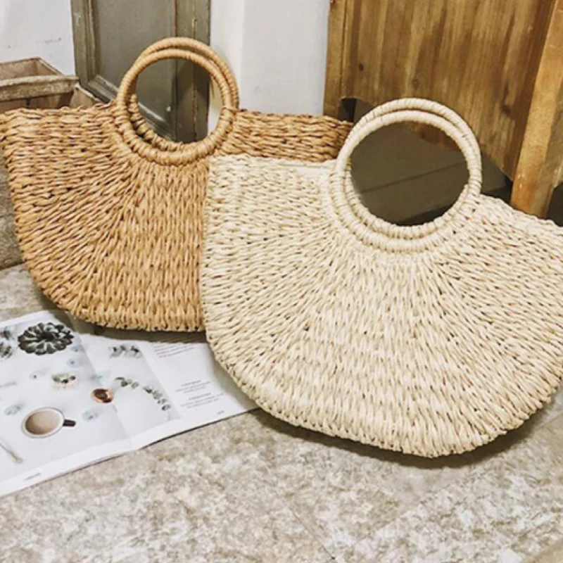 Grass Woven Bag New Paper Rope Round Bucket Simple Solid Color Woven Bag Retro Casual Handheld Vacation Beach Bag