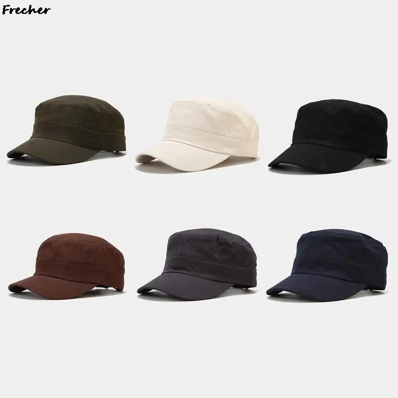 Mens Solid Color Visor Hat Breathable Cotton Army Cap Simple Plain Caps Adjustable Buckle Cadet Hats Man Casquette Comfortable