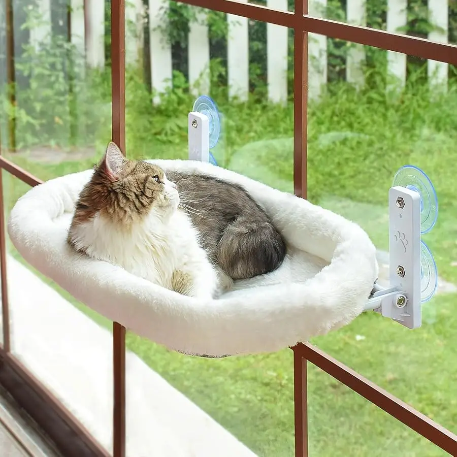 

AMOSIJOY Cordless Cat Window Perch, Window Hammock for Cats with 4 Strong Suction Cups, Solid Metal Frame and Soft Cover, Indoor