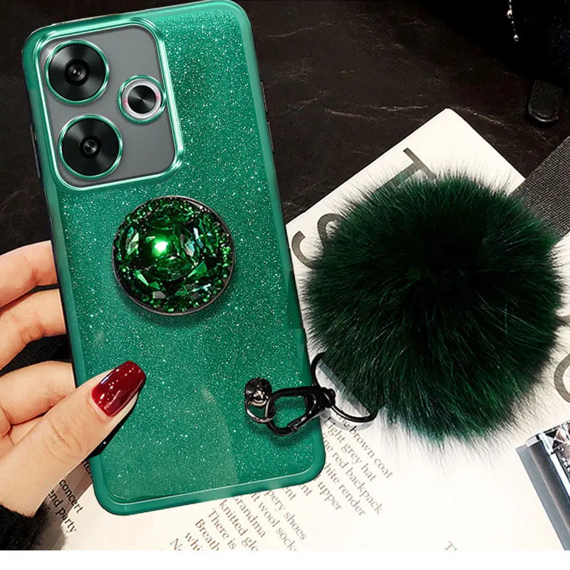 POCOF6 Case Luxury Diamond Holder Cover For Xiaomi POCO F6 pro Redmi Note 13 pro+ 13C 14C 13T 14T pro Case With Fur ball Lanyard