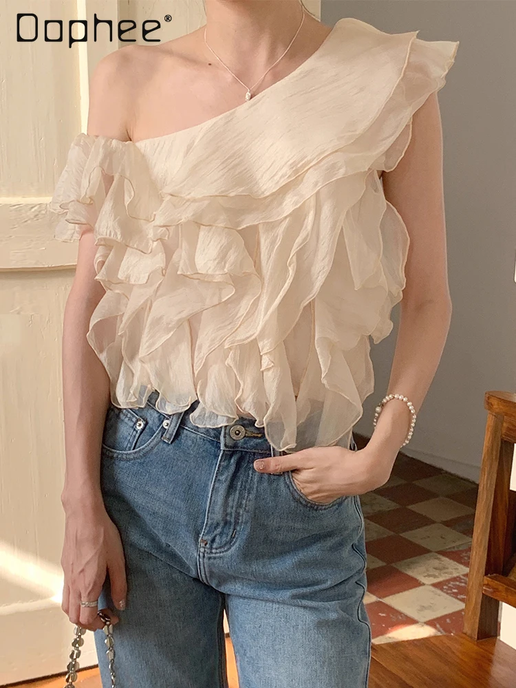 

Chic One Shoulder Ruffle Blouses Temperament Irregular Short Sleeve Pullover Elegant Casual Female Clothes Fashion 2024 Summer