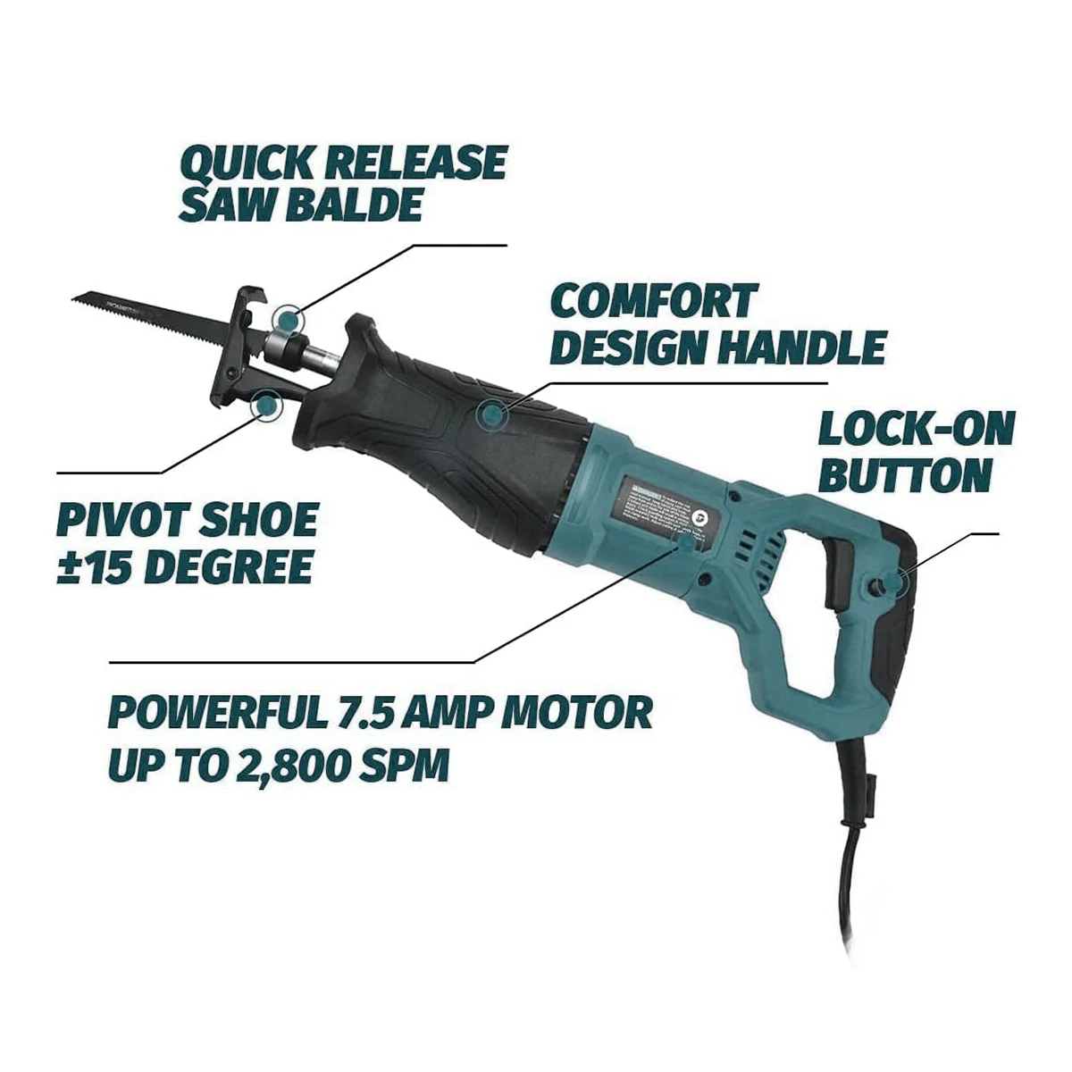 900W 7.5A Reciprocating Saw 2800SPM No Load Speed Reciprocating Saw Corded Electric Hand Saw 5 Blades for Cutting Wood Metal PVC