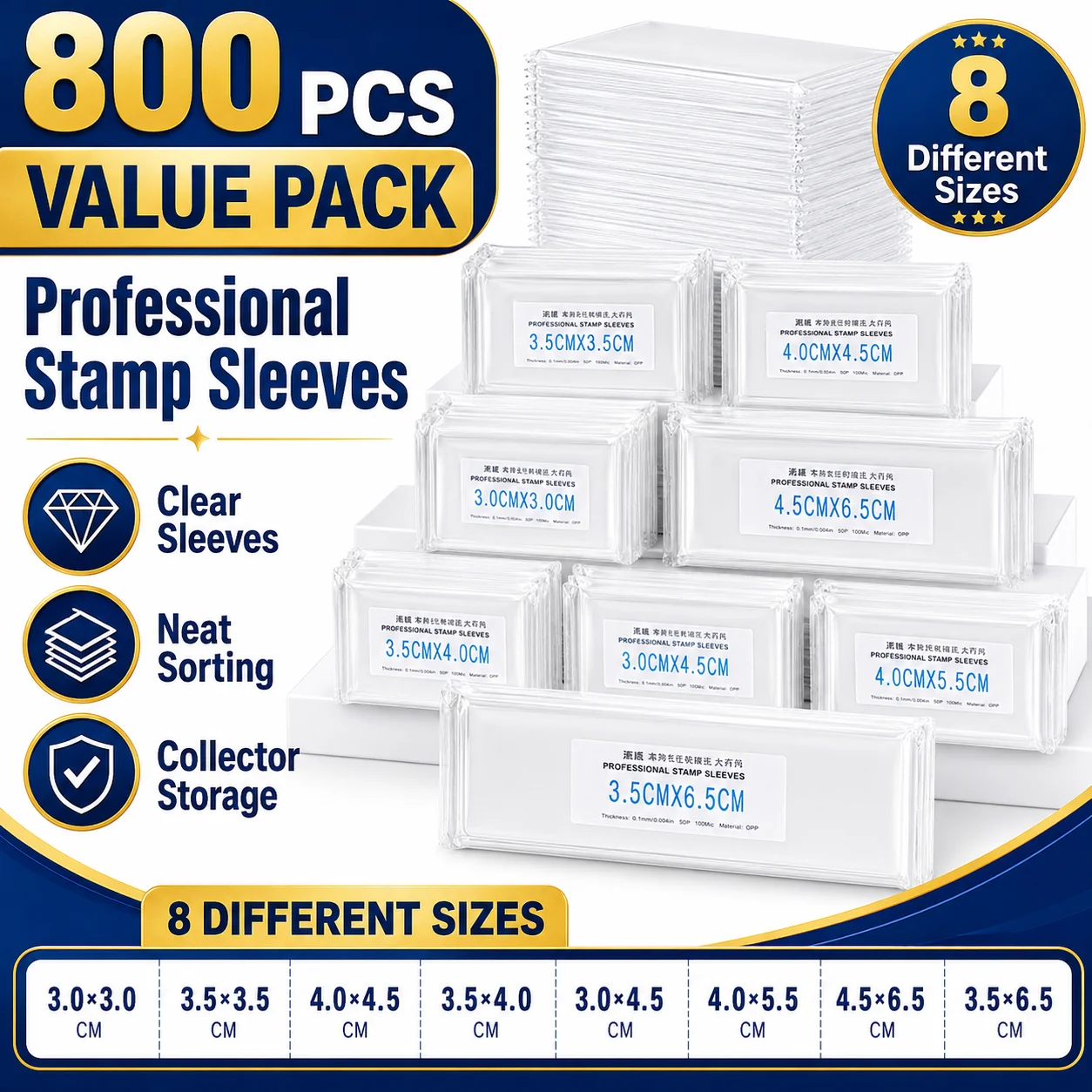 800 Pcs Clear Stamp Sleeves Holders Pockets for US Stamp Collectors 8 Sizes Kit Postage Storage Bags Protective Organizer Supplies for Albums Sorting Display Archival Safe Collection Pages Hobby Accessories Transparent Holder Set Bulk Packs