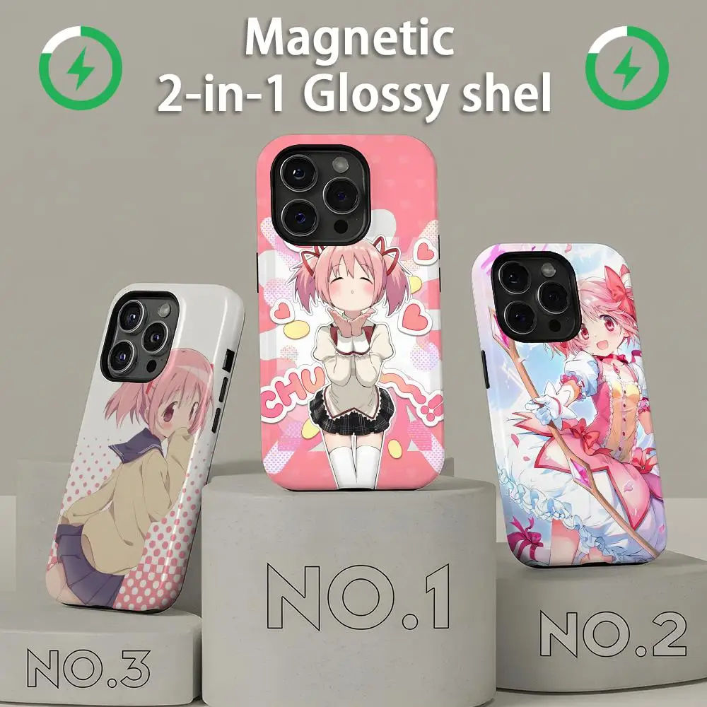 Japanese Cute Anime Girl Madoka  Phone Case Magnetic 2-in-1 Glossy shell For iPhone17 16e 16 15 14 13 12 11Pro Max Plus mini
