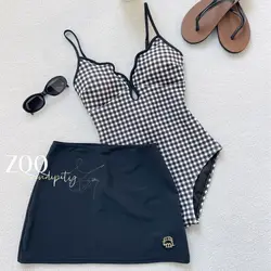 Korea Fashion Plaid One-piece Swimsuit with Skirt Women High Waist Bikini Set Sexy Backless Halter Bathing Suit Beach Wear