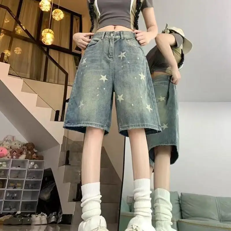 

Retro Star Print Denim Shorts Women's Baggy High Waist Washed Wide Leg Streetwear Short Jeans for Summer Fashion