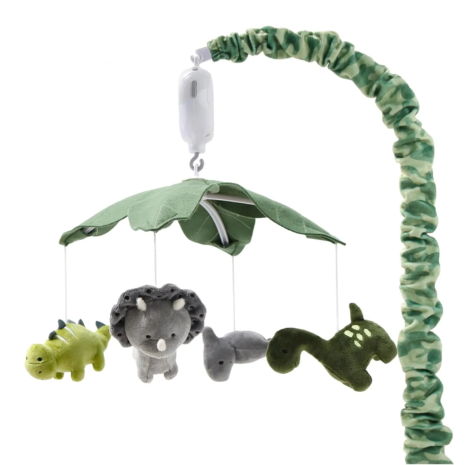 

Grey Green Camo Dinosaur Crib Mobile with 12 Lullabies - Musical Nursery Decor for Boys & Girls