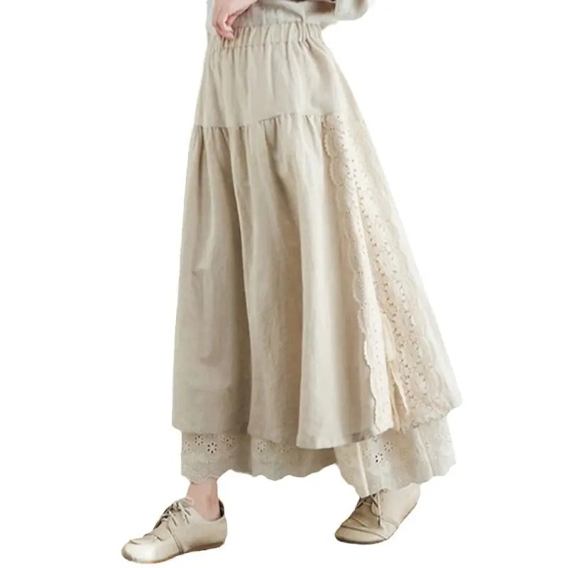 Women\'s Vintage Embroidery Lace Cotton Linen Skirt Loose Skirts for Lady