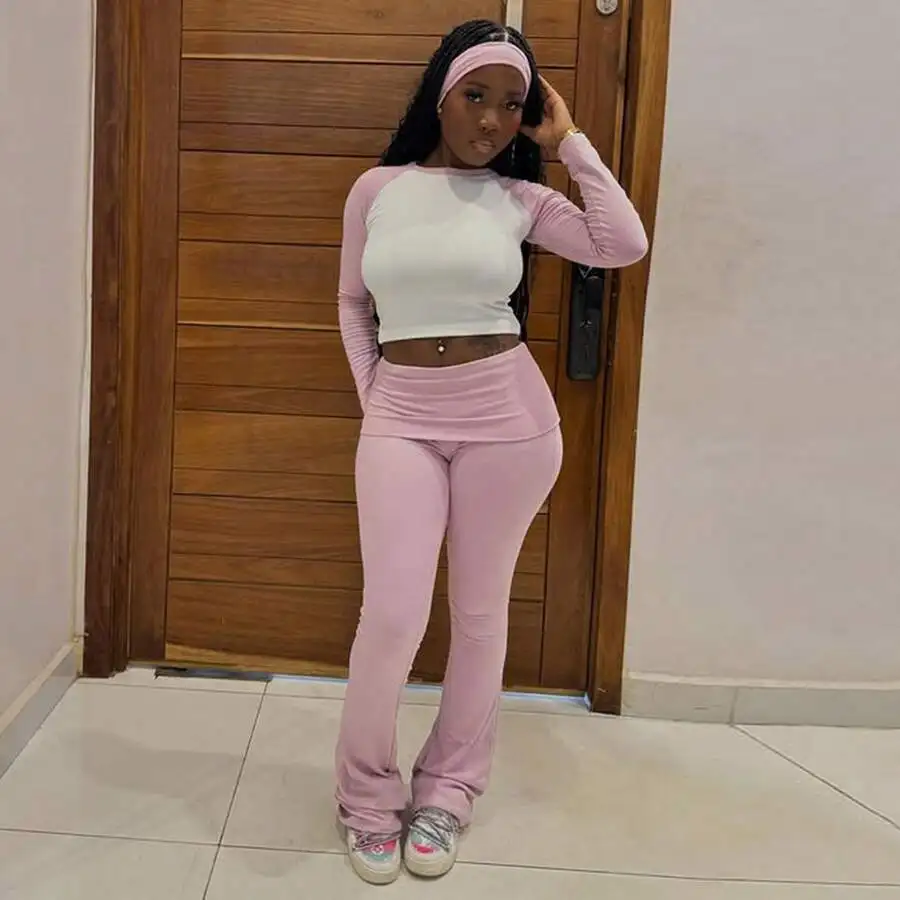 

3-Piece Y2K Women’s Colorblock Raglan Crop Top, Foldover Flare Pants And Headband Set