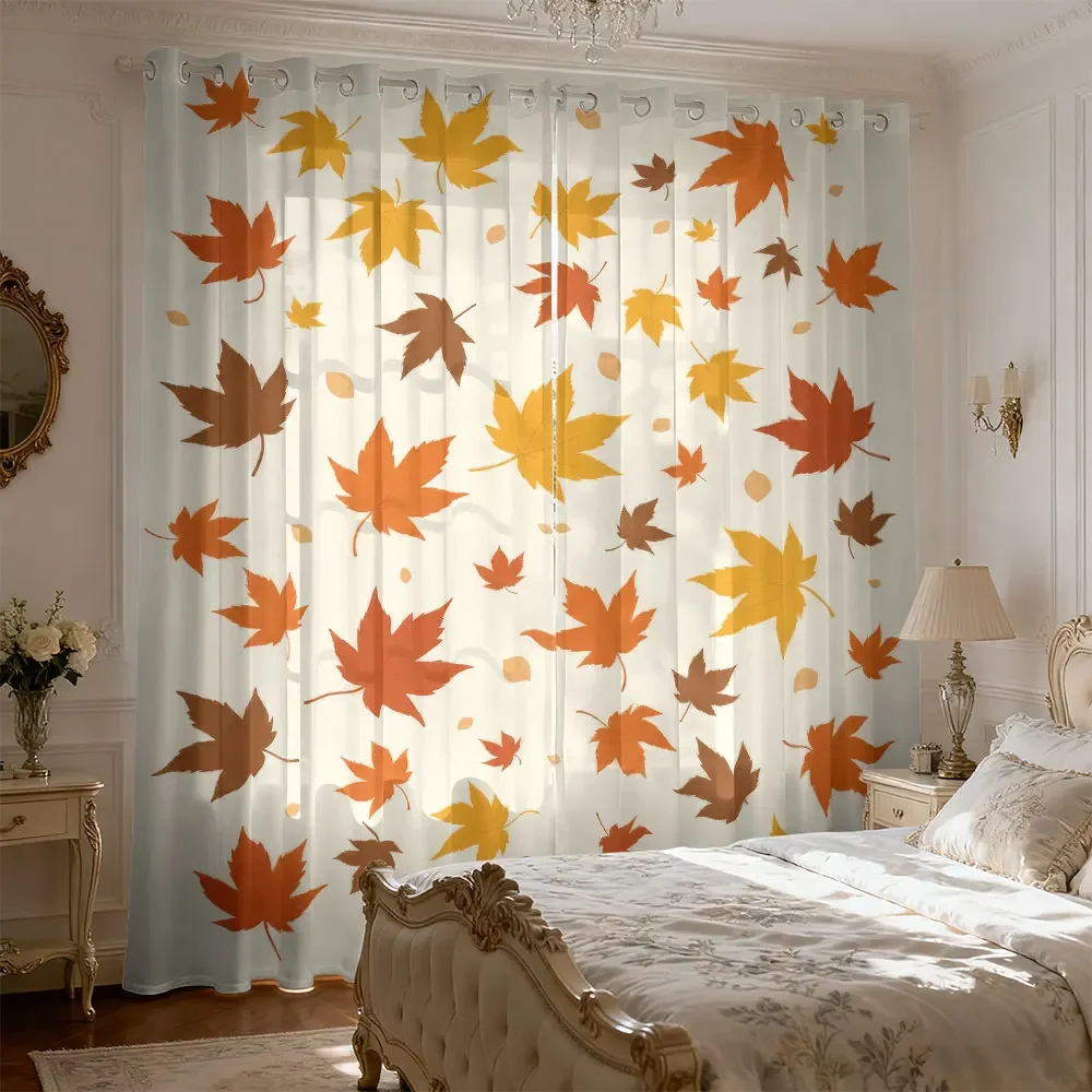 2pcs Autumn maple leaf Printed Curtains for Living Room and Bedroom, Suitable for Blocking Light and Decorating Home Interior