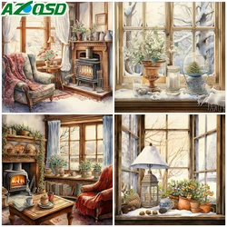 AZQSD Diamond Painting Winter House Landscape Cross Stitch Suits Needlework Christmas Embroidery Sale Full Kits Wall Decor