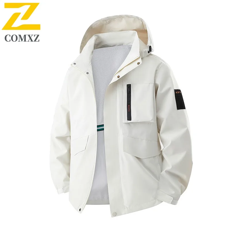 COMXZ Men Jacket American Style Detachable Hood Loose Windbreaker Outdoor Jackets Windproof Casual Sport Lightweight Hiking Coat