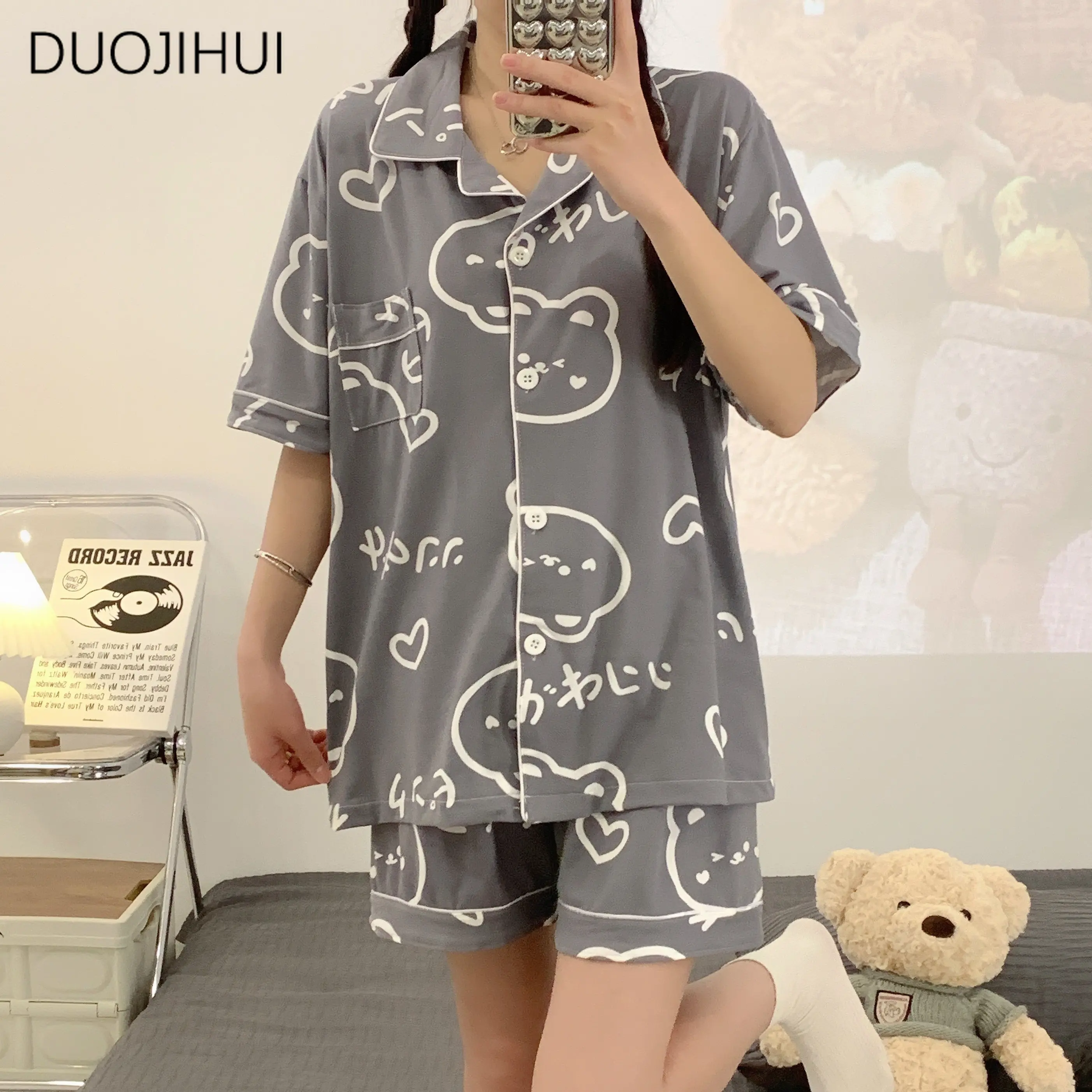 DUOJIHUI Spring Chic Print Two Piece Casual Home Pajamas for Women Ins New Basic Button Cardigan Simple Pant Female Pajamas Sets