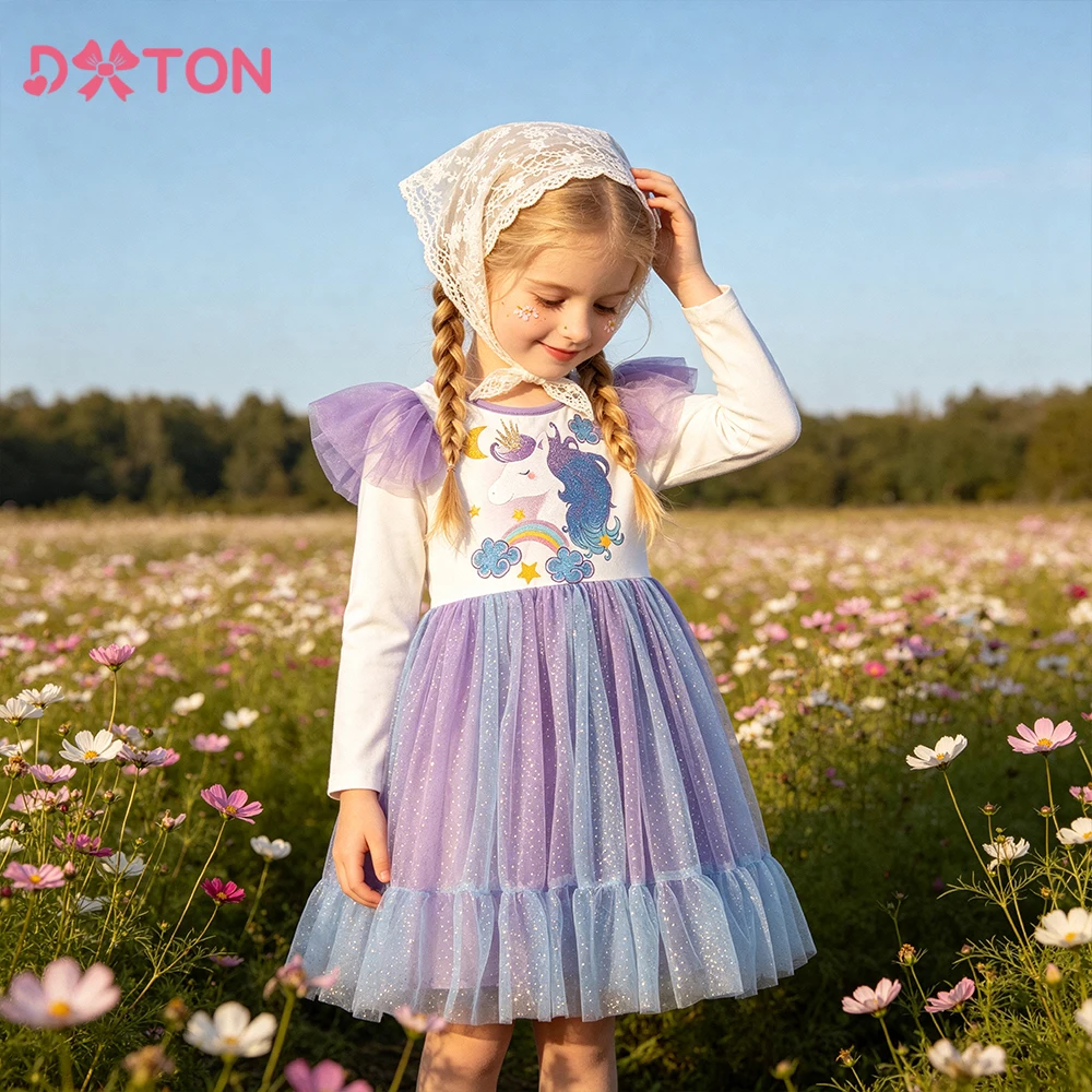 DXTON Toddler Kids Cotton Dresses Unicorn Children Girls Ruffles Dress Cotton Mesh Girls Autumn Clothing Toddler Party Costumes
