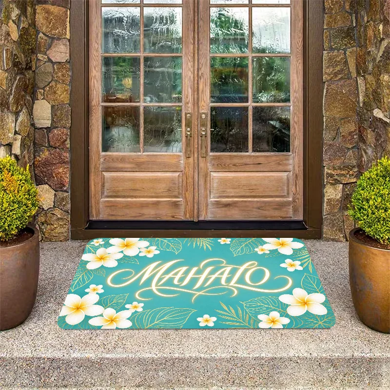 Tropical Floral Mahalo Welcome Doormat Outdoor Indoor Mat for Home Decor Entryway Boho Beach Aloha Polynesian Hawaiian Thank You