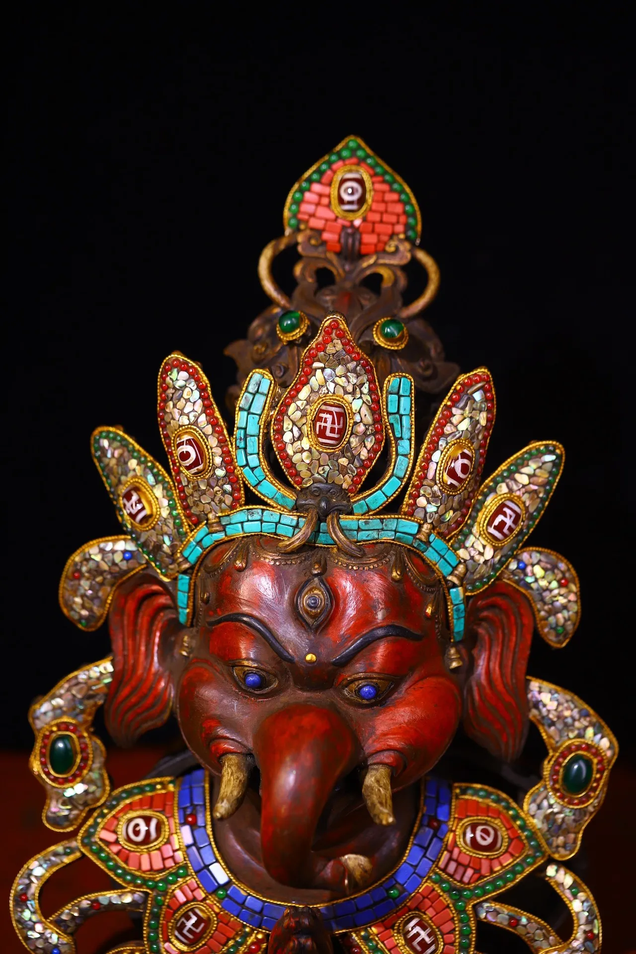 13”Tibetan Temple Collection Old Bronze Cinnabar Mosaic Gem Turquoise Geneisha Buddha Head Mask hanging panel Worship Hall