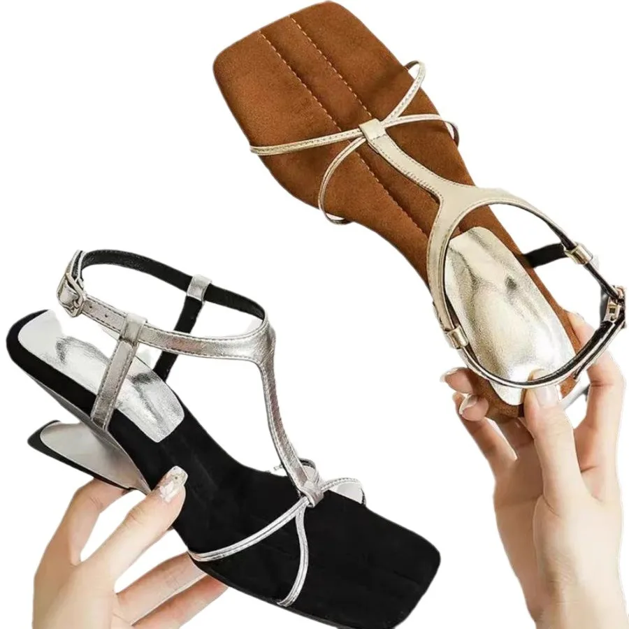 Beige Heeled Sandals Buckle Strap Retro Woman Shoes Black Sexy Open Pointed Original Comfort Low Rhinestone Stiletto Closed Cat