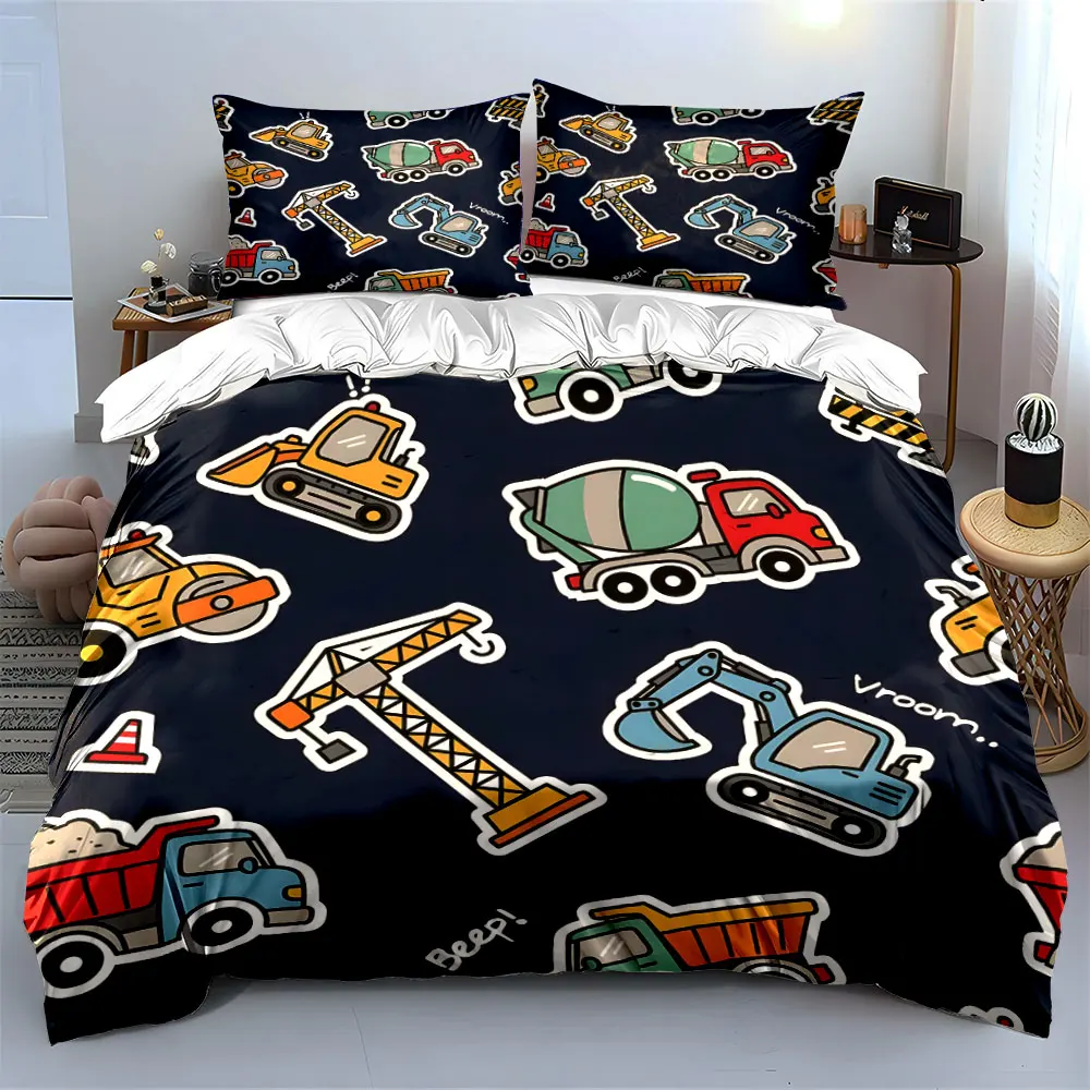 Cartoon construction vehicles Printed Duvet Cover Set 1 Duvet Cover+2 Pillowcase Multi Size Bedroom Bedding Decoration