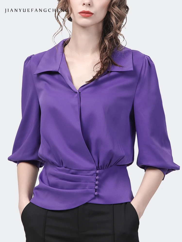 Fashion Women Blue Purple Satin Shirt 3/4 Sleeve Turn-down Collar Spring Summer Tops Elegant Slim Office Ladies Dress Shirts