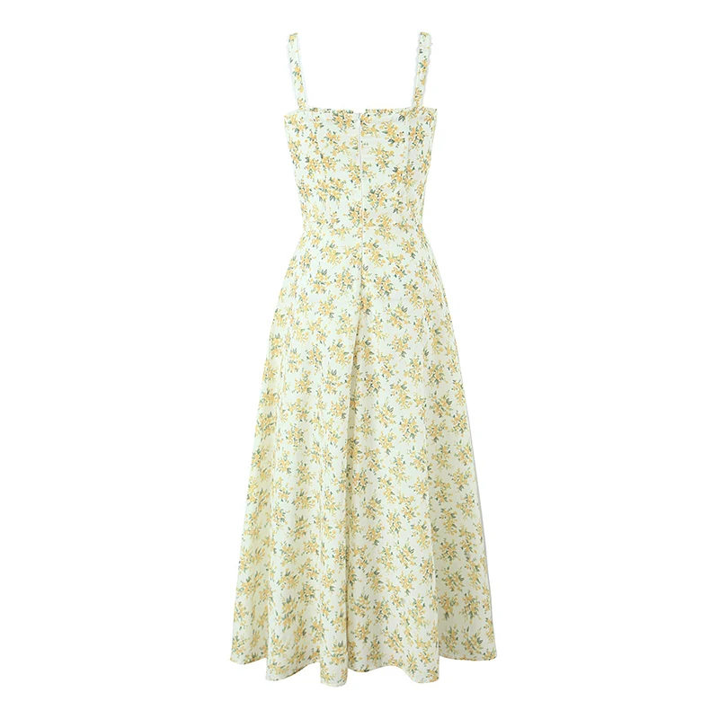 YENKYE Sexy Elegant Women Lace Patchwork Floral Print Sling Midi Dresses Holiday Summer Lady Party Vestidos Cotton Robe