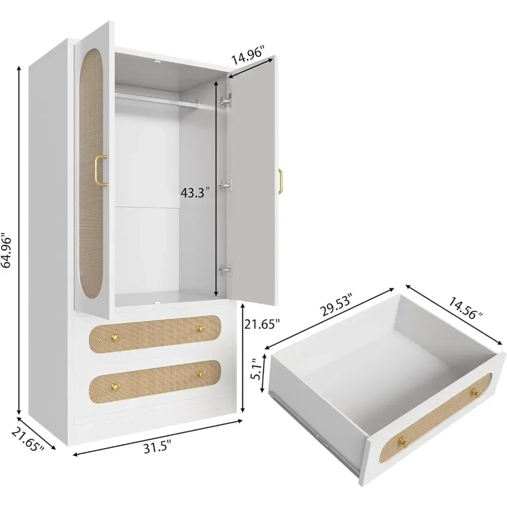 White Armoire Wardrobe closet with Drawers, Rattan Wardrobe Cabinet with 2 Wood door & Hanging Rail, Armoire Wardrobe Closet