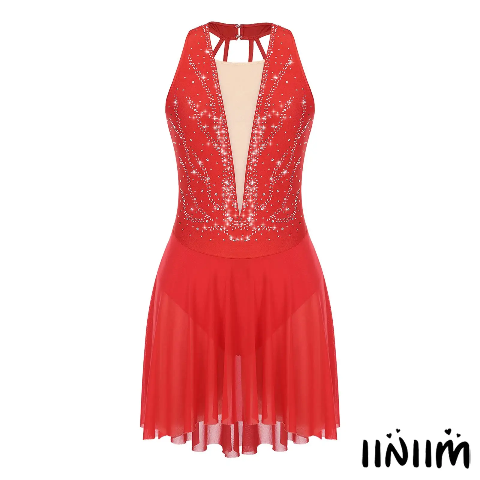 فستان رقص للتزلج على الجليد من حجر الراين للسيدات، تنورة متدفقة، خط عنق شبكي شفاف من الخلف لعروض الرقص الغنائي الحديث