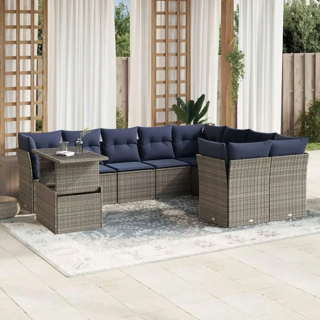 

10 Piece Gray Poly Rattan Patio Sofa Set with Cushions Outdoor Garden Furniture