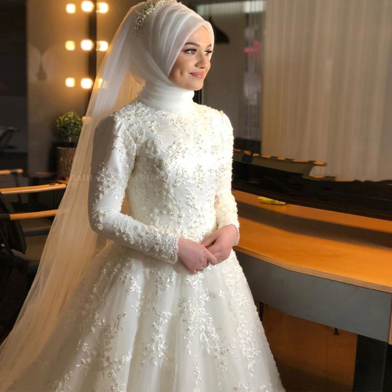 Vestido de casamento muçulmano gracioso mangas compridas, vestido de noiva com gola alta, hijab islâmico, kaftan árabe, kaftan Dubai