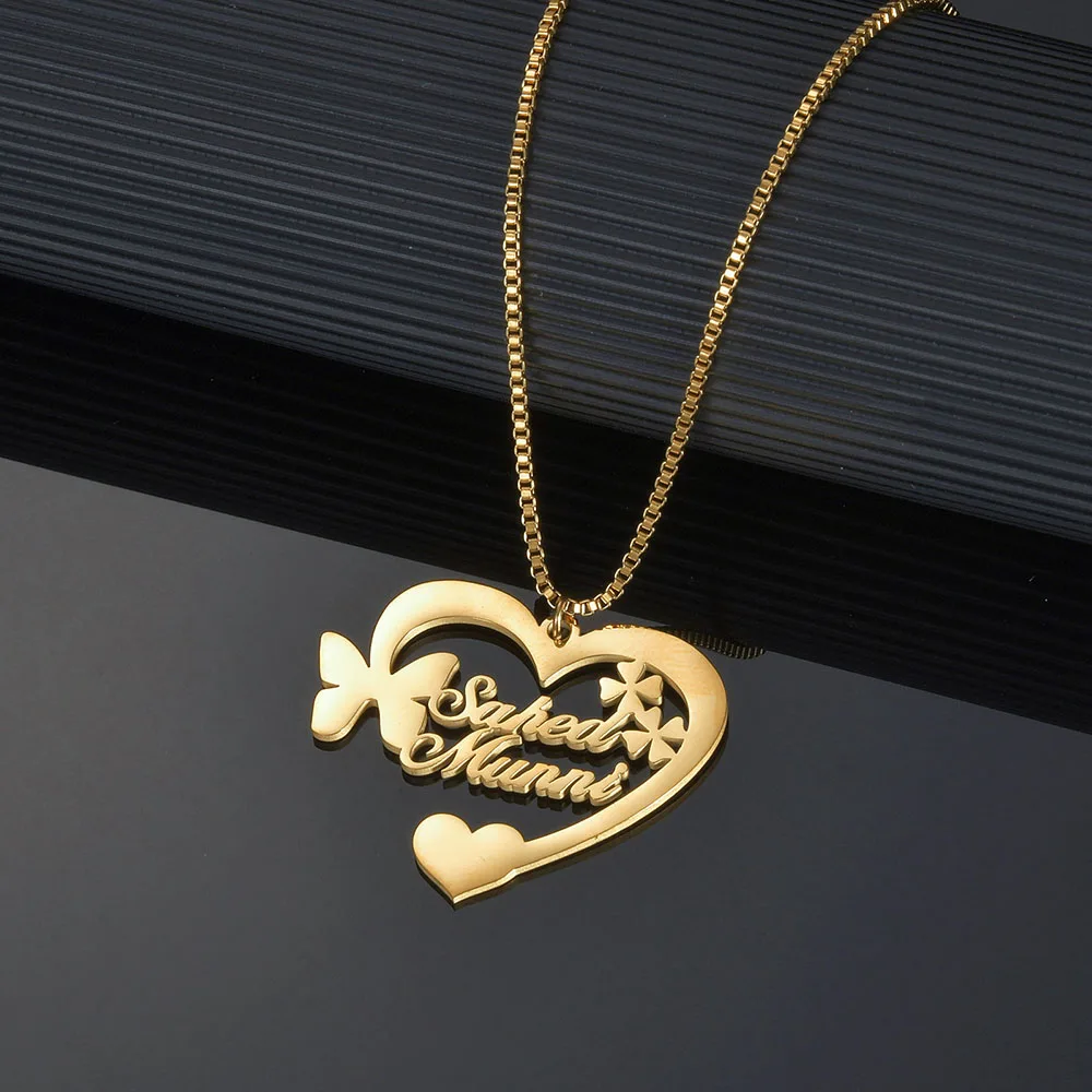 Collar de acero inoxidable con nombre personalizado para mujer, colgante esmerilado con forma de corazón y mariposa, cadena de caja, regalos de joyería