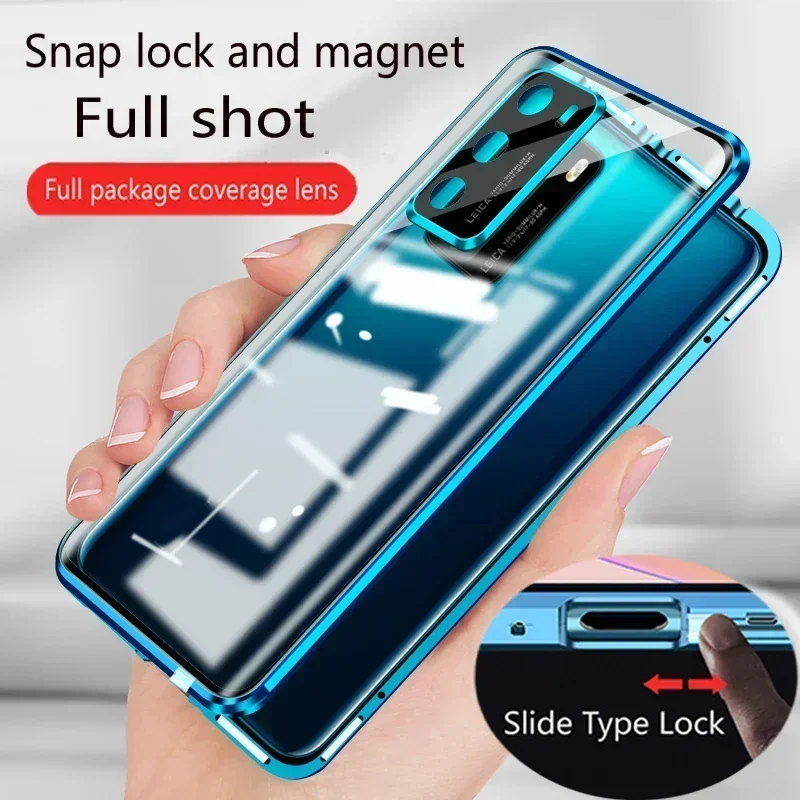 

Metal Magnetic Double Sided Glass Snap Lock Case For Huawei nova Y91 Y90 Y74 Y73 Y72S Y71 Y70 Plus Y63 Lens Protection Cover