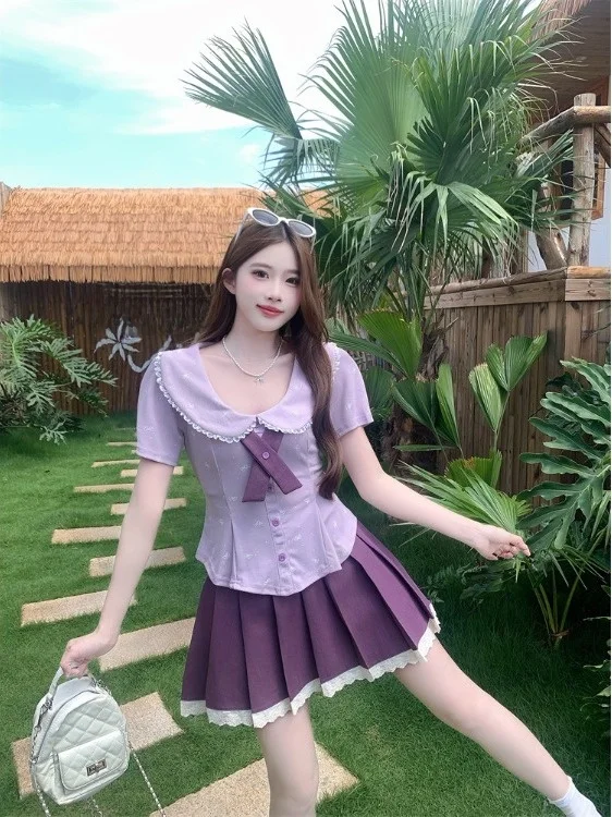 

Fashionable Slimming A-Line Skirt with Shirt Short Sleeve Waist-Cinching plus Size Summer Clothing for Women Breathable Light...