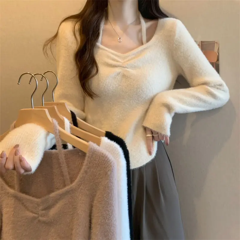 

2024 Autumn Winter Irregular Cardigan Fashion Folds Female Clothing Solid Color Basic Slim V-Neck Halter Casual Knitted Sweaters