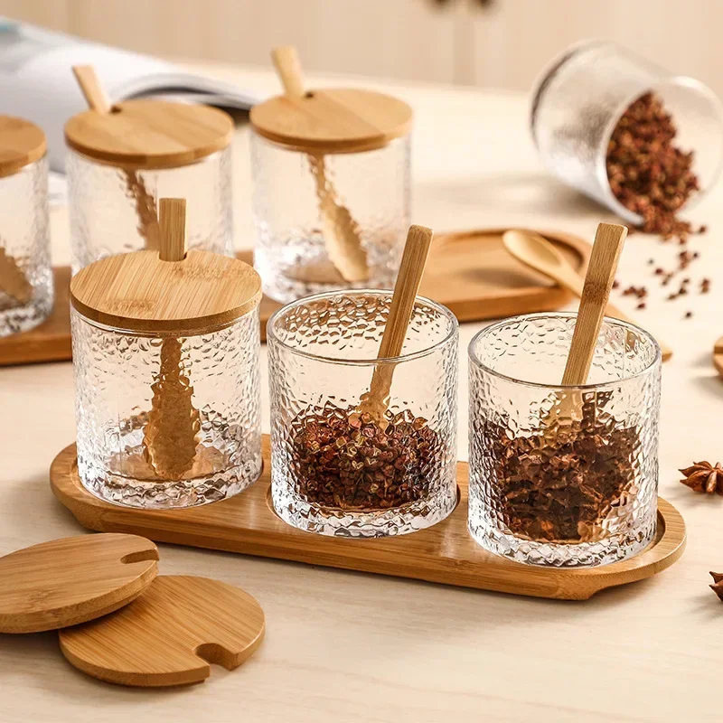 

3/4 Pcs Glass Salt Pepper Seasoning Jars with Bamboo Tray Lid and Spoon Spice Storage Organizer Bottle Glass Jars and Lids