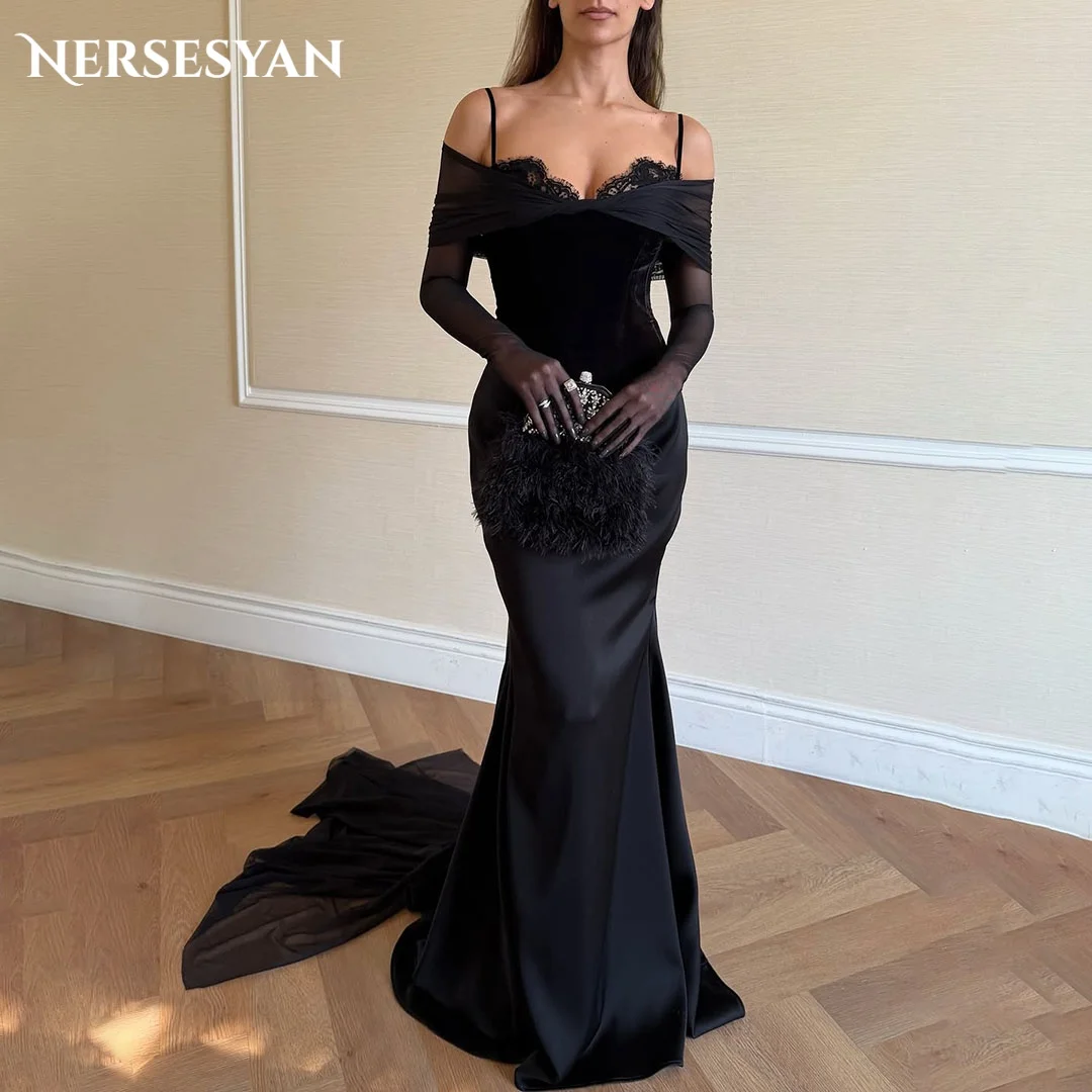 

Nersesyan Elegant Black Lace Mermaid Evening Dresses Appliques Spaghetti Straps Arab Women Party Gowns No Gloves 2026 Customized