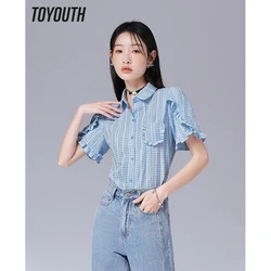 Toyouth Women Shirts 2023 Summer Puff Short Sleeves Polo Neck Fit Well Blouse Jacquard Lace Blue Cute Chic Streetwear Tops