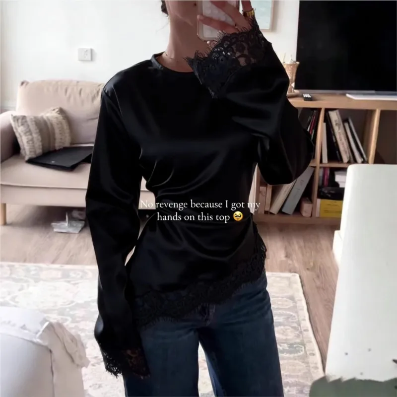 Elegant Chic Satin Shirt 2026 Summer Lace Patchwork O-neck Flare Sleeve Solid color Lace-up Slim Waist Blouse Irregular Tops