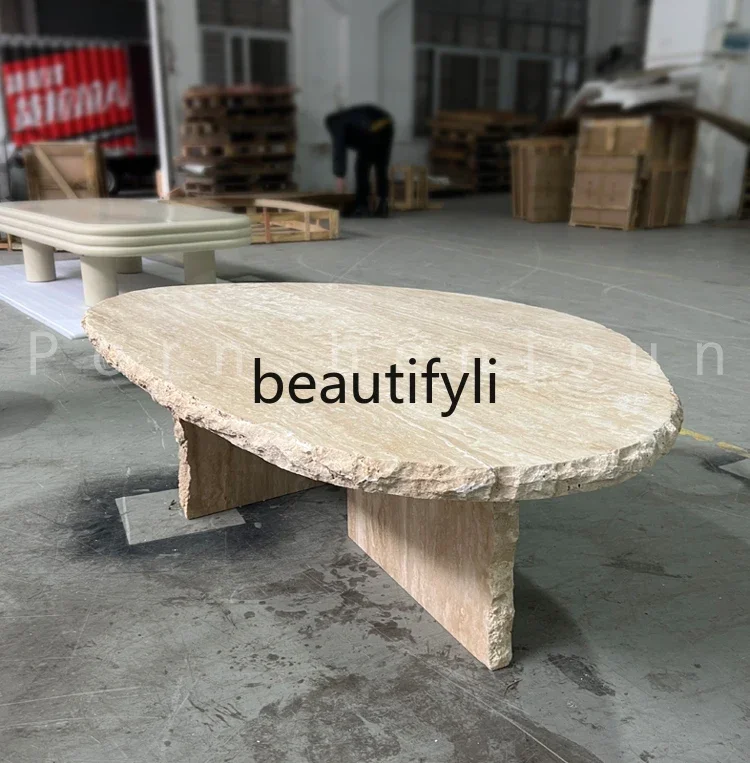 

smt1 Italian natural travertine coffee table wabi sand wind simple modern simple light luxury living room marble creative design