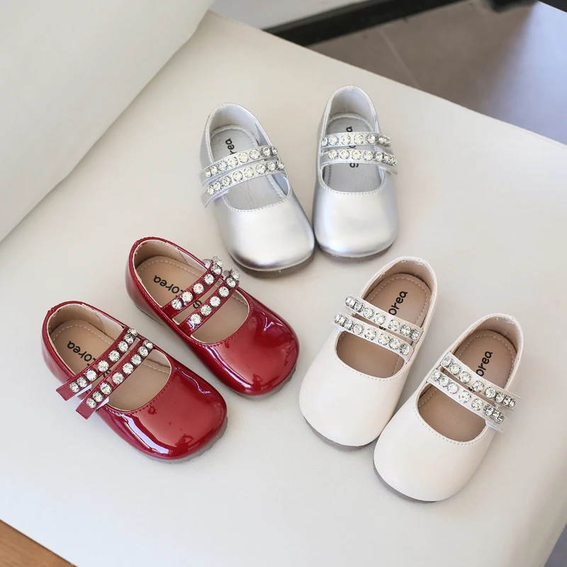 

Rhinestones Girls Flats Shoes Solid PU Leather Soft Sole Children Princess Shoes Hook Loop Anti Slip KIds Shallow Shoes