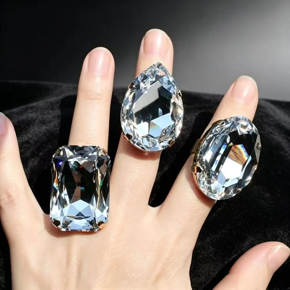 3PCs Square Shape Square Rhinestone Ring Adjustable Size Rhinestone Crystal Adjustable Crystal Ring Large Size Exaggerated Giant