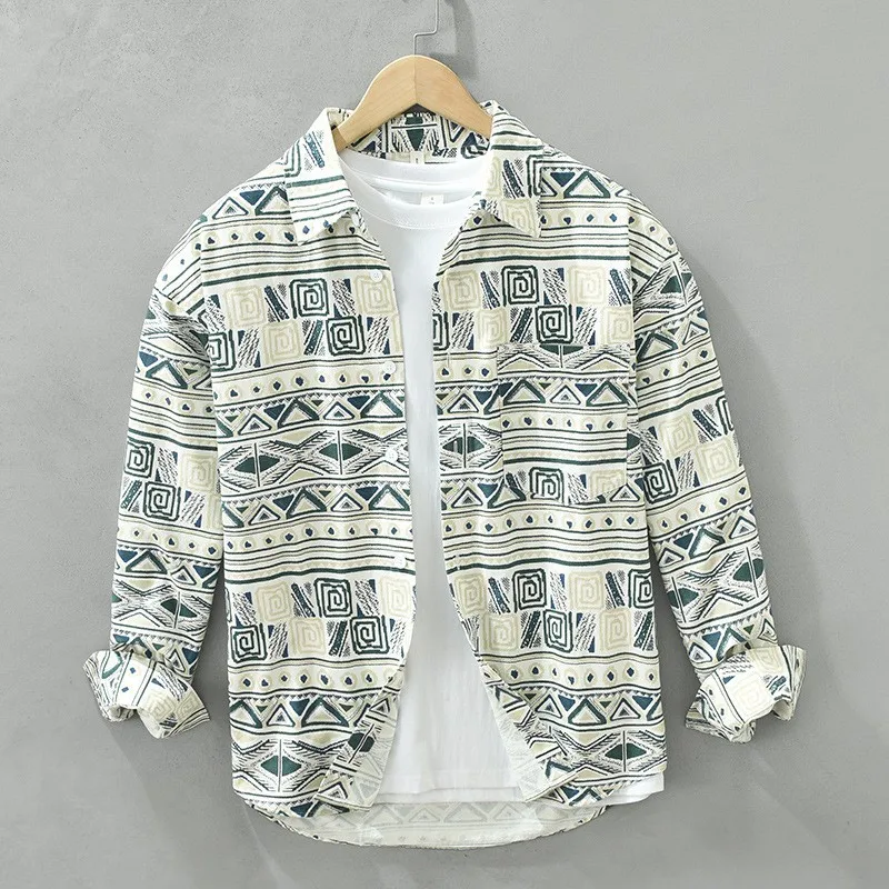 

Модная мужская свободная повседневная рубашка с длинным рукавом и принтом, не требующая глажки, художественная молодежная верхняя одежда, трендовая хлопковая рубашка в американском стиле