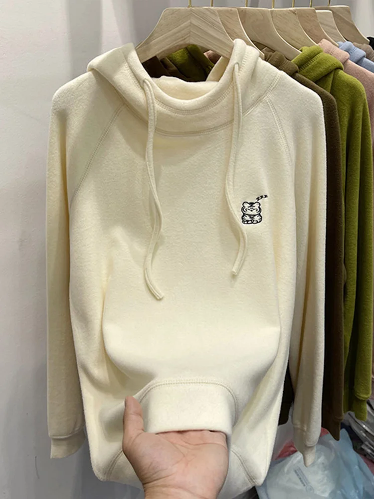 Women's Double-Sided Fleece Hoodie Embroidered Base Shirt Loose Fit Comfortable Korean Style Autumn Winter New Arrival