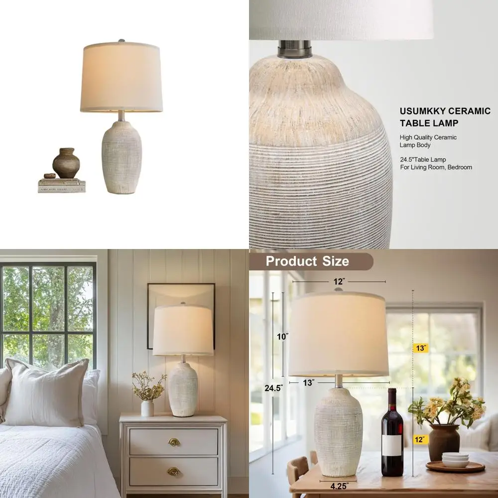

24-дюймовая винтажная керамическая настольная лампа с кабелем 5 футов - Рустикальный прикроватный светильник для гостиной, спальни и прикроватной тумбочки, бежевый цвет